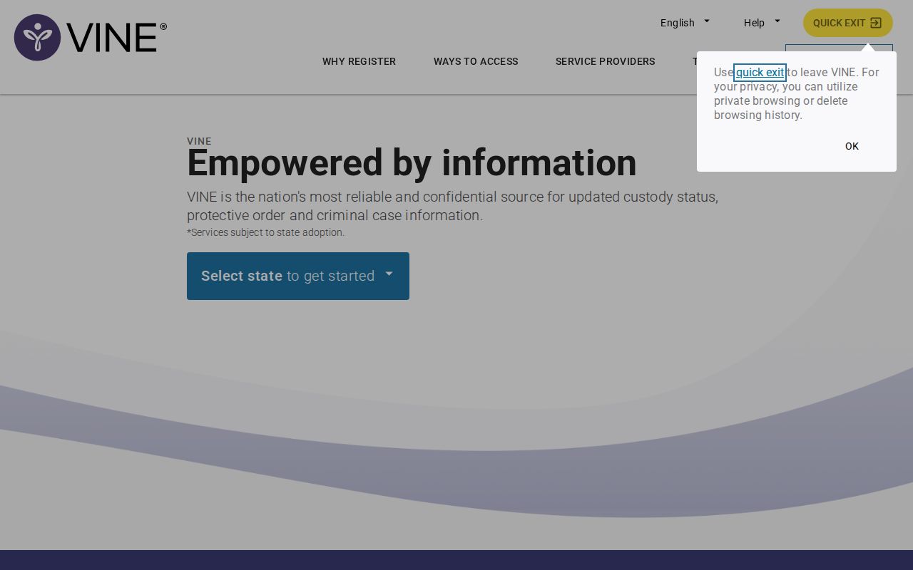 VINELink get notified registration interface for custody alerts