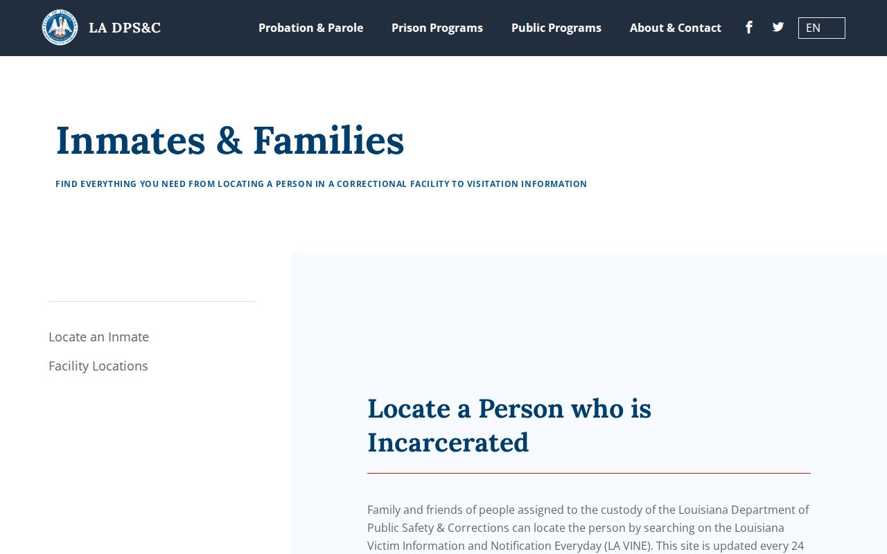 Louisiana corrections inmate information page directing users to VINE